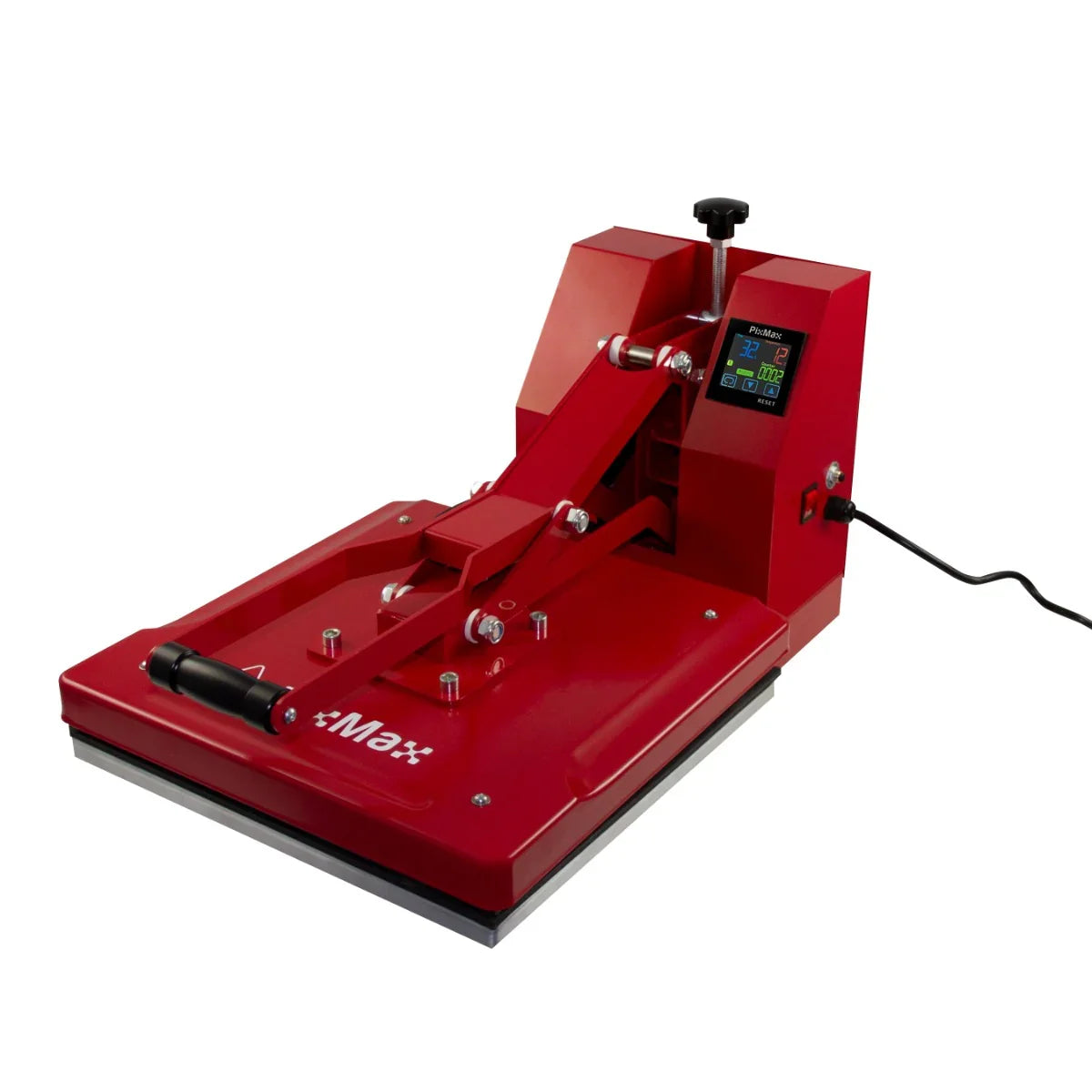 Clam Heat Press 38 x 38cm in vibrant red, featuring a digital display, sturdy handle, and smooth pressing surface for heat transfer projects