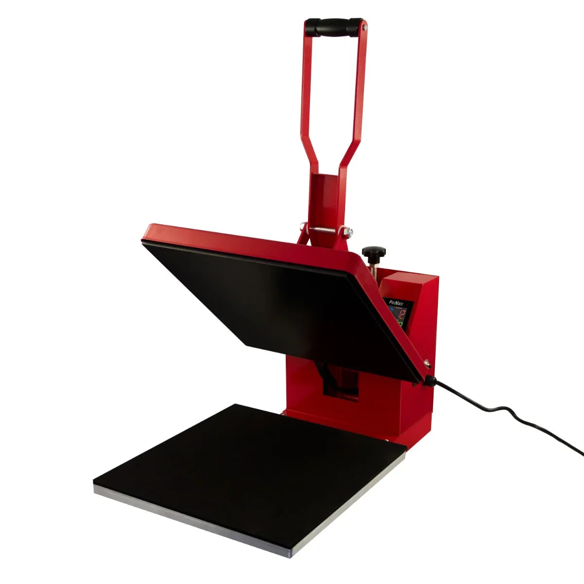 Clam Heat Press 38 x 38cm in vibrant red with a sturdy handle, featuring a large black heating plate for easy transfer applications