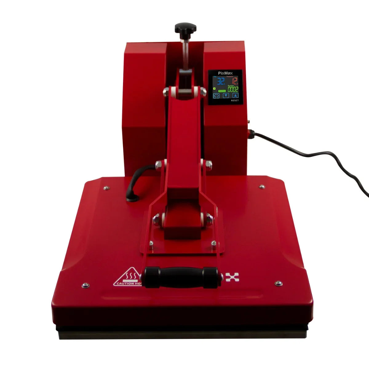 Clam Heat Press 38 x 38cm in vibrant red, featuring a digital display, sturdy handle, and a smooth pressing surface for heat transfer projects