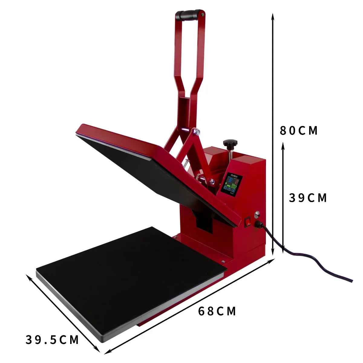 Clam Heat Press 38 x 38cm in vibrant red with a large black pressing plate, adjustable handle, and digital control panel for precise temperature settings