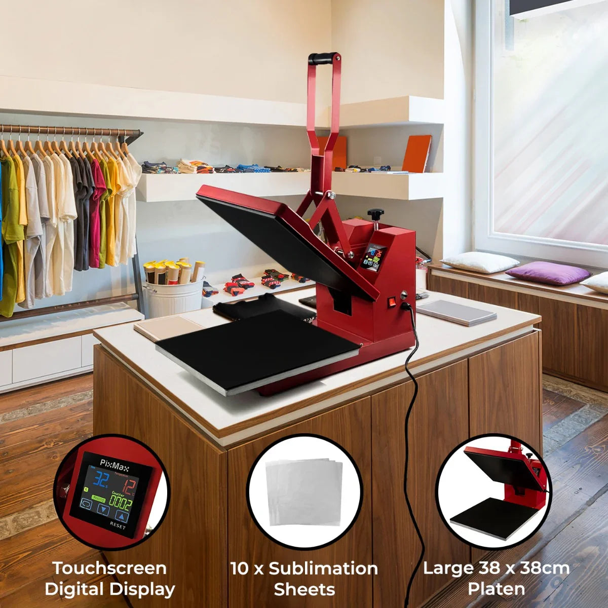 Clam Heat Press 38 x 38cm in vibrant red with touchscreen display, large black platen, and surrounding colorful apparel in a bright workspace