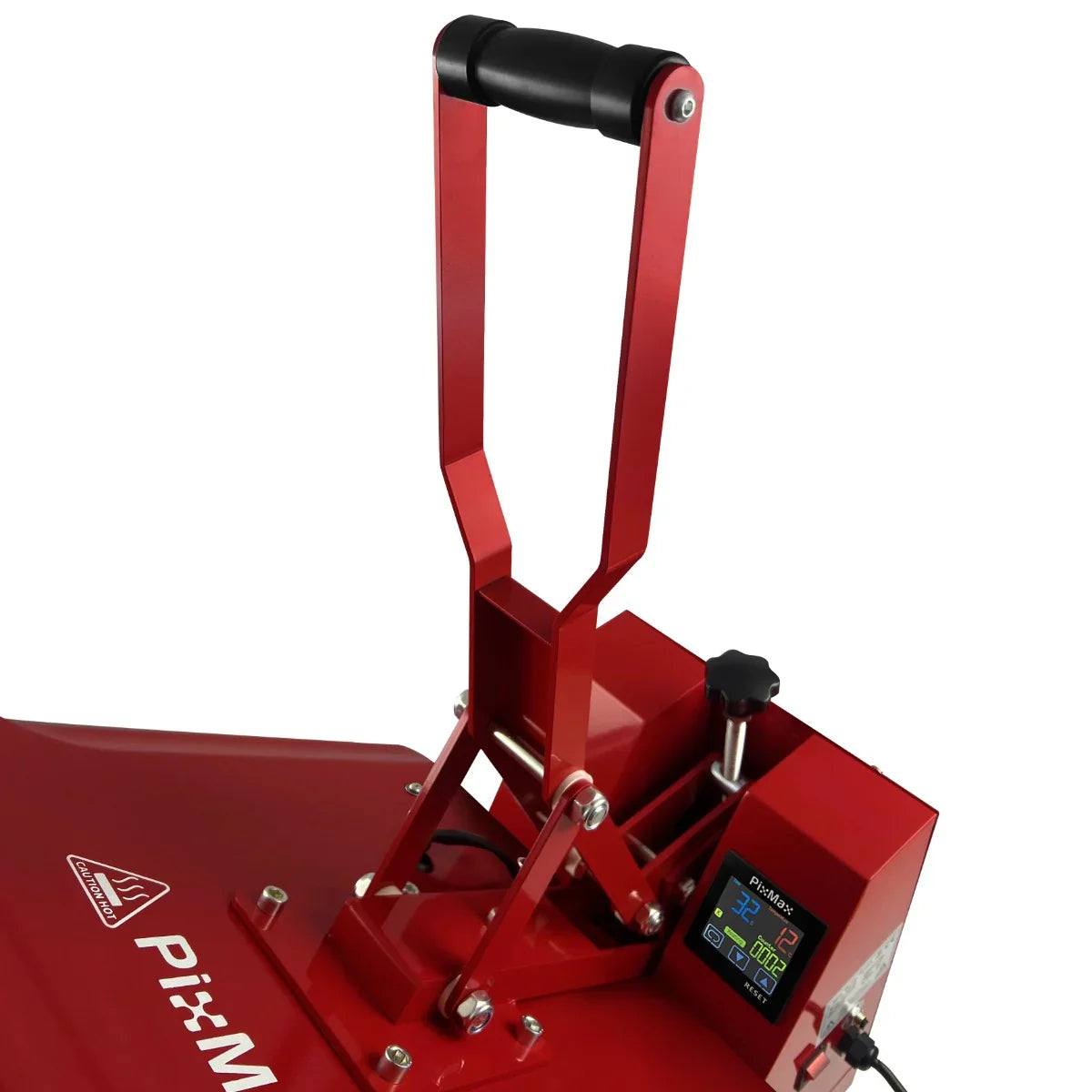 Clam Heat Press 50 x 50cm with a sturdy red metal frame, adjustable handle, and digital temperature control display