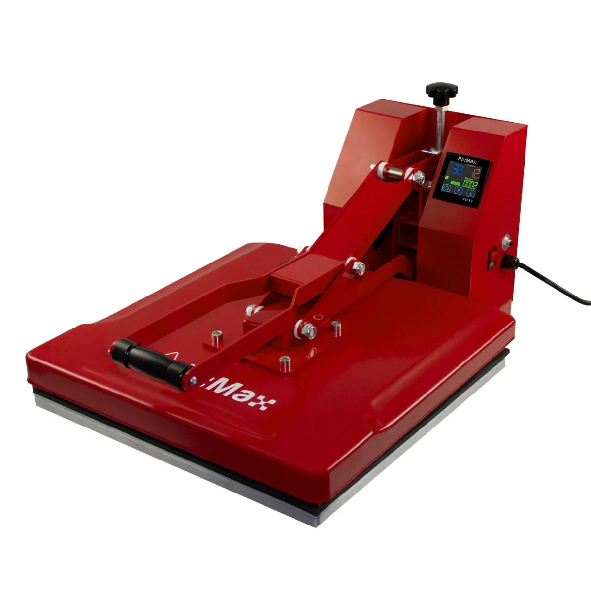 Red PixMax 50cm clam heat press and printer with a digital display, adjustable pressure knob, and sturdy base for heat transfer projects