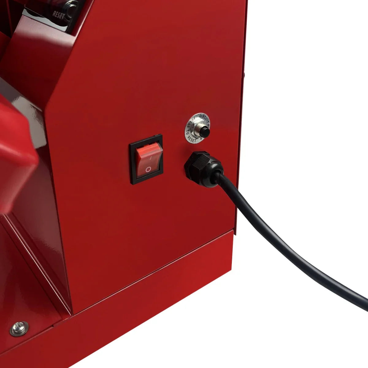 Red Clam Heat Press 50 x 50cm featuring a power switch, temperature control knob, and durable cable connection for easy operation