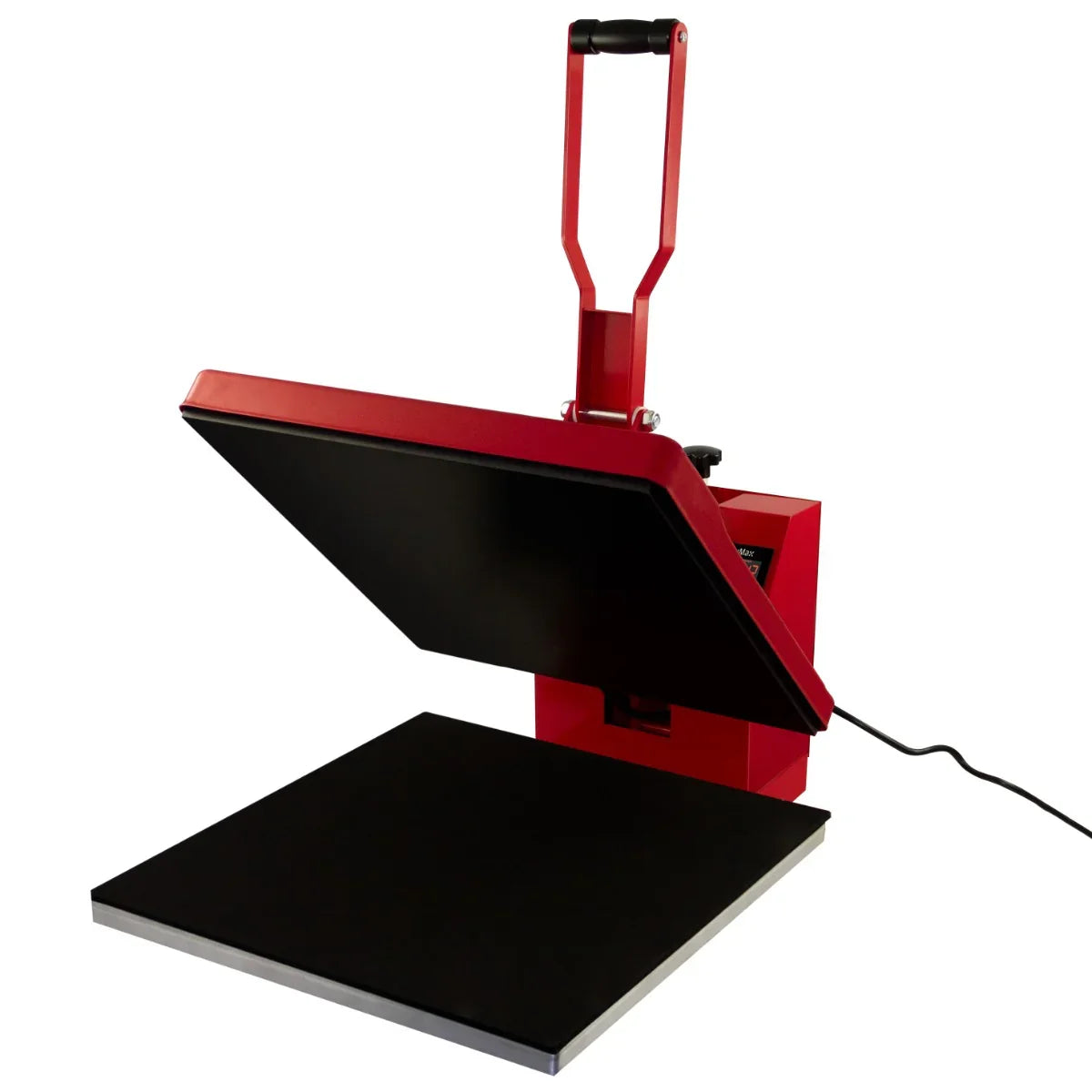 PixMax 50cm clam heat press features a vibrant red frame, a large black heating plate, and a sturdy handle for easy operation