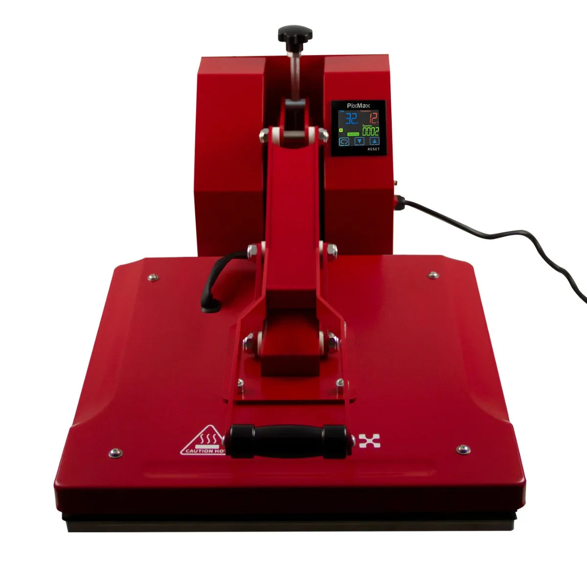 Clam Heat Press 50 x 50cm in vibrant red, featuring a sturdy handle, digital display, and a large flat heating surface for easy transfers