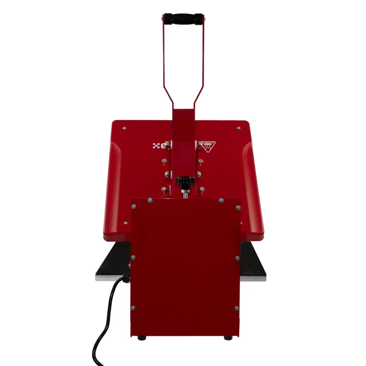 Red PixMax 50cm clam heat press with a sturdy handle, adjustable pressure knob, and a sleek design for easy fabric printing