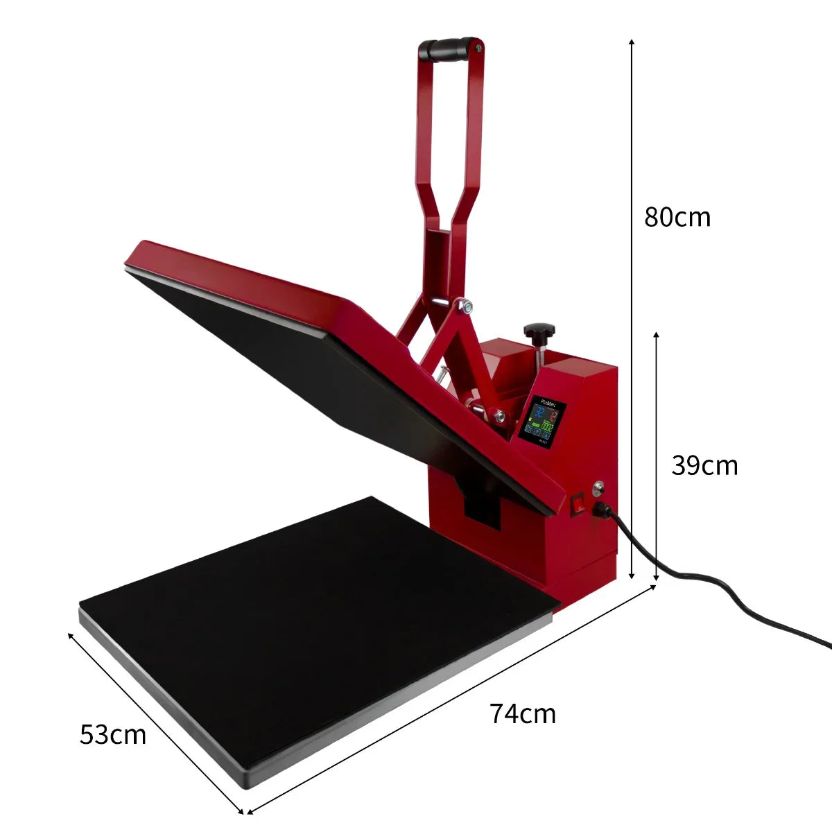 Red PixMax 50cm clam heat press with a large black platen, adjustable handle, and digital control panel for precise temperature settings