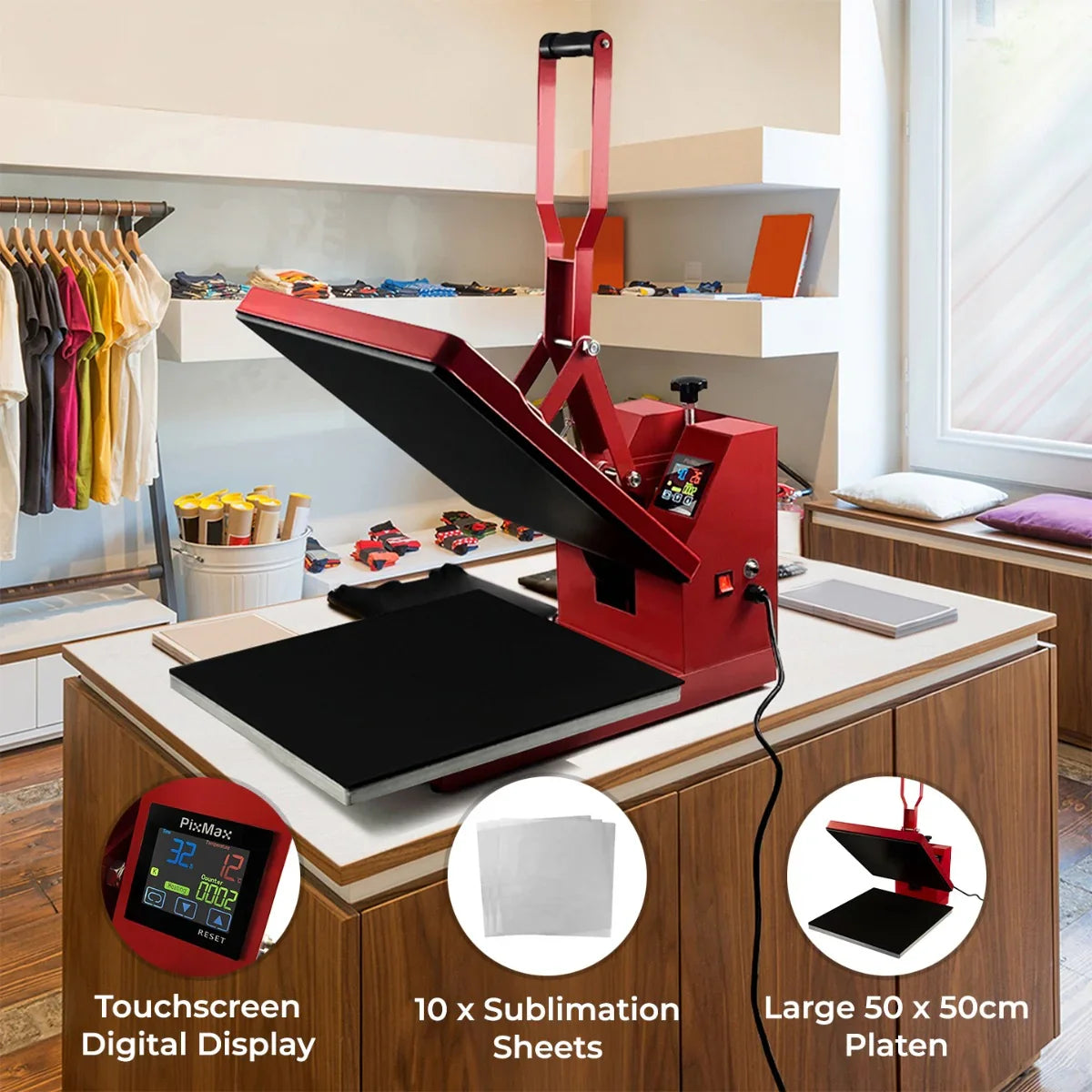 PixMax 50cm clam heat press with a touchscreen display, large black platen, and 10 sublimation sheets in a bright workspace setting