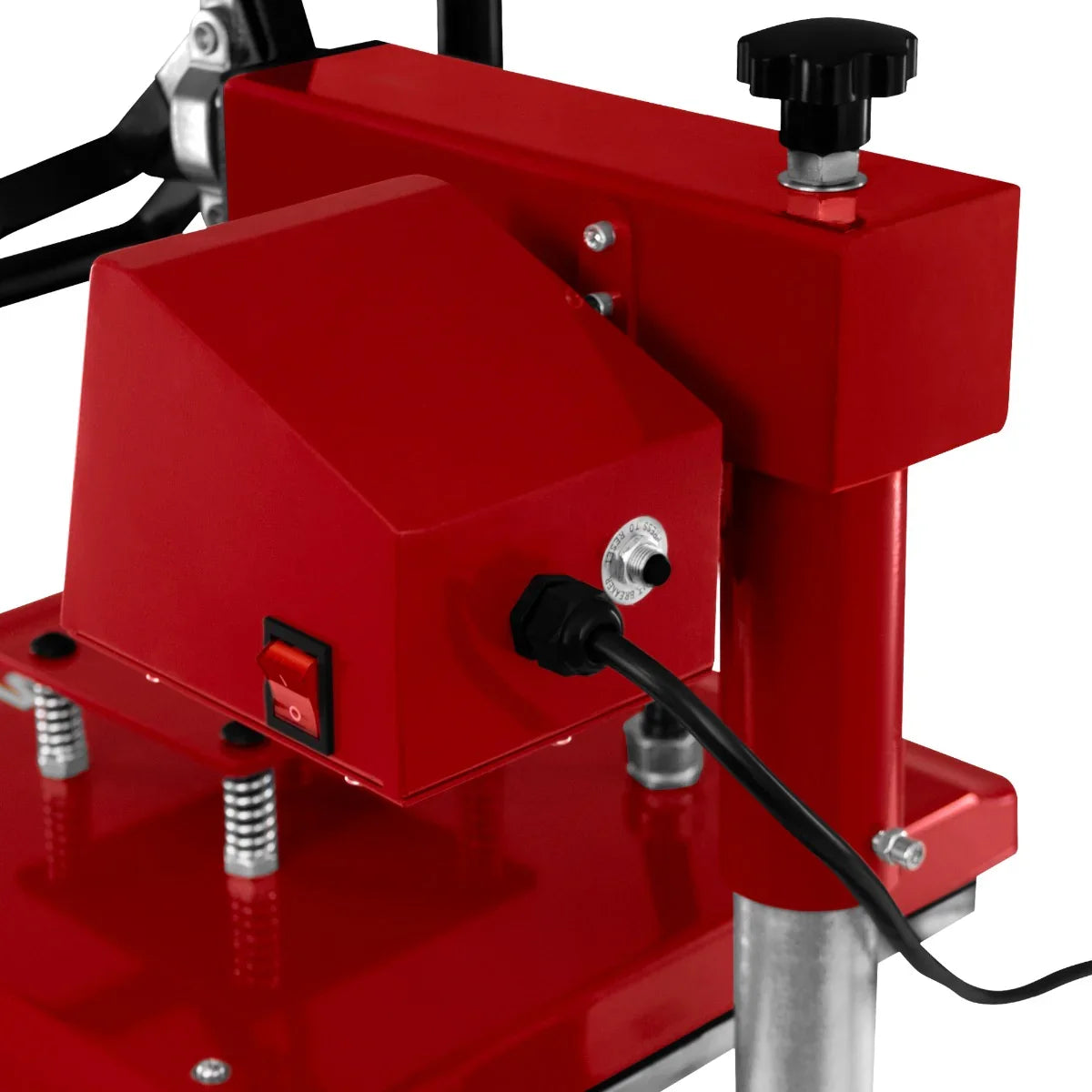 Red control box and switch of a Swing Heat Press 38 x 38cm, showcasing sturdy metal construction and adjustable pressure knob