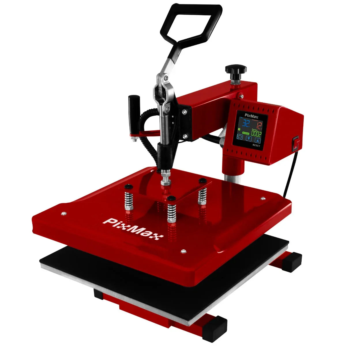 Swing Heat Press 38 x 38cm in vibrant red with a sturdy handle, digital display, and adjustable pressure knobs for precise heat transfer