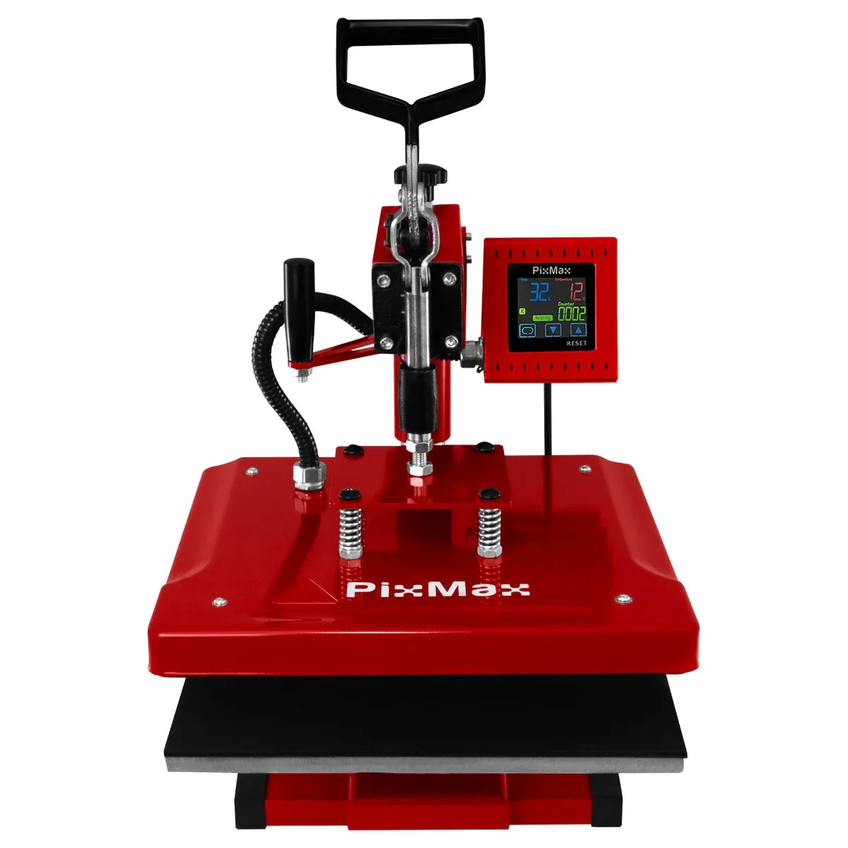 Swing Heat Press 38 x 38cm in vibrant red with digital display, adjustable pressure knob, and sturdy handle for easy operation