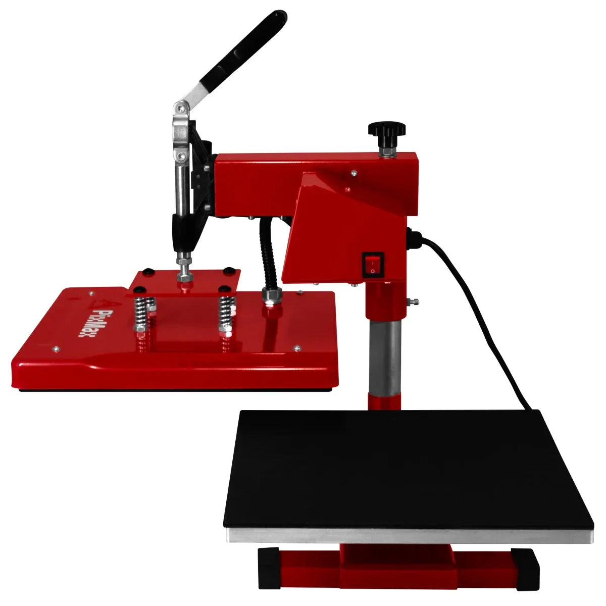 Swing Heat Press 38 x 38cm in vibrant red with a sturdy black base, featuring adjustable pressure and a sleek design for easy use
