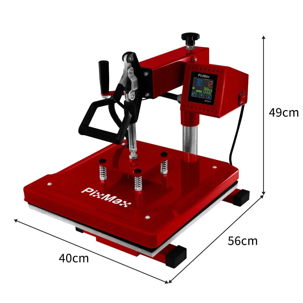 Swing Heat Press 38 x 38cm in vibrant red, featuring a digital display, adjustable pressure handle, and sturdy base for easy use