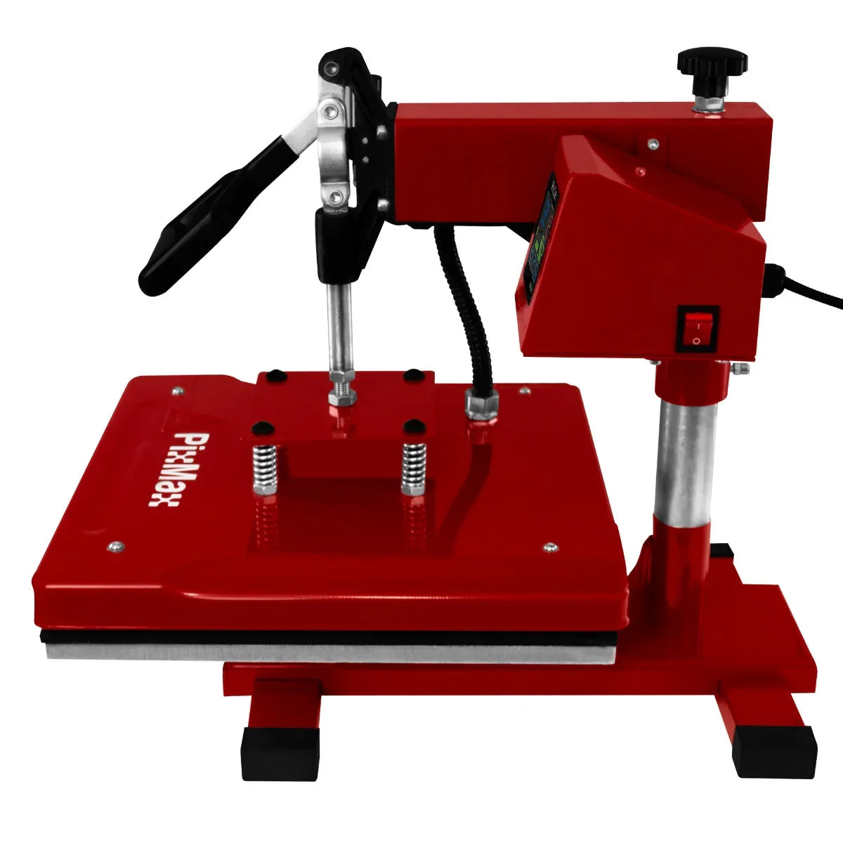 Red Swing Heat Press 38 x 38cm with adjustable pressure knob, sturdy base, and digital display for precise temperature control