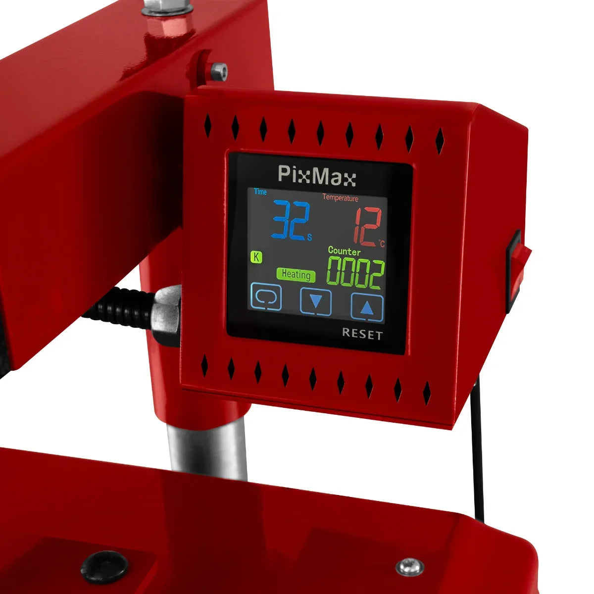 Digital control panel of the Swing Heat Press 38 x 38cm, featuring a bright red casing, displaying temperature, time, and counter settings