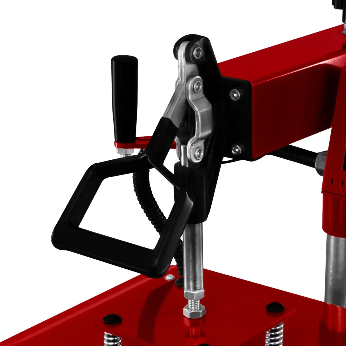 Close-up of the Swing Heat Press handle, featuring a sturdy black grip, metallic lever, and red frame, showcasing its durable design