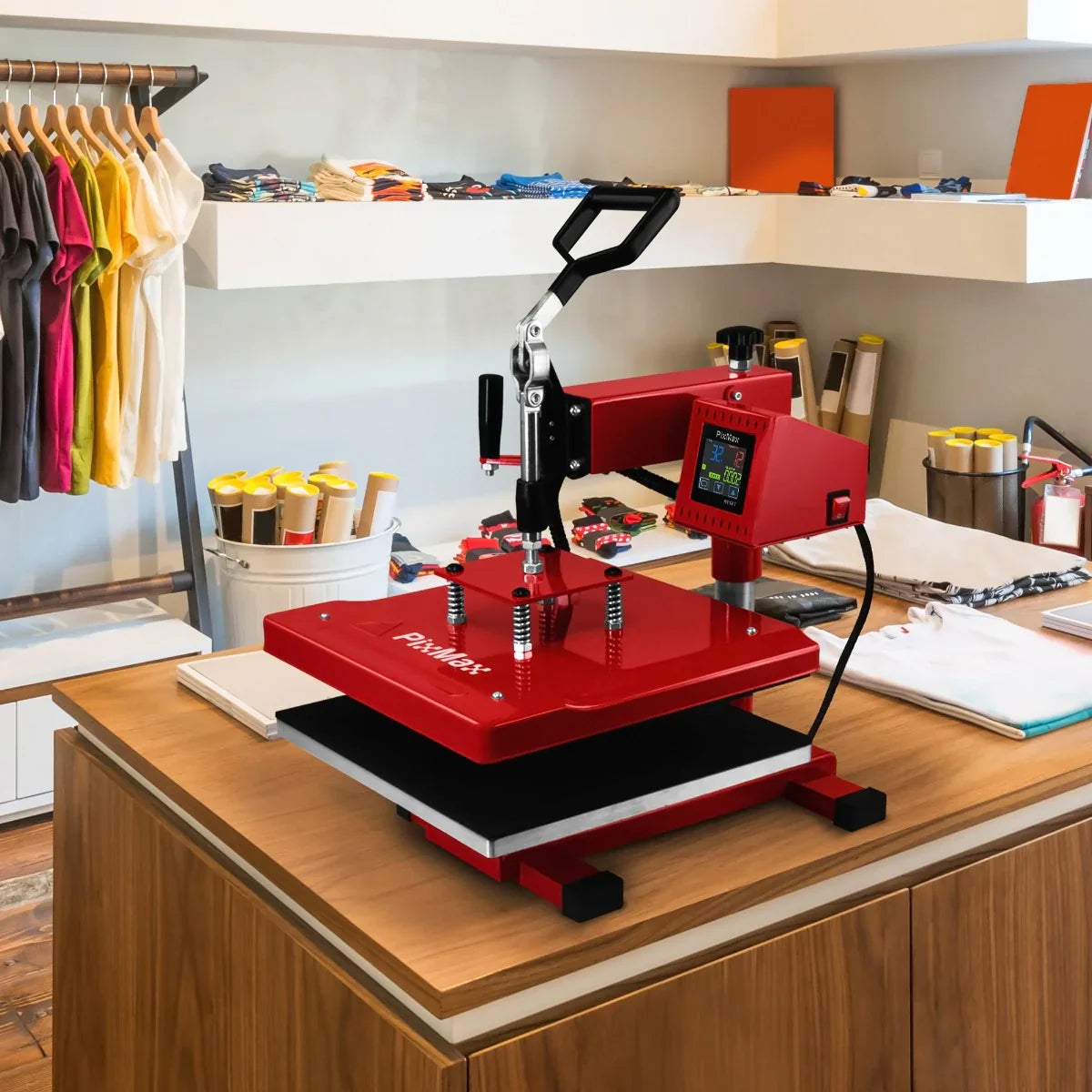 Swing heat press 38 x 38cm in vibrant red, featuring a digital display, adjustable handle, and sturdy base, set on a wooden table in a colorful workspace