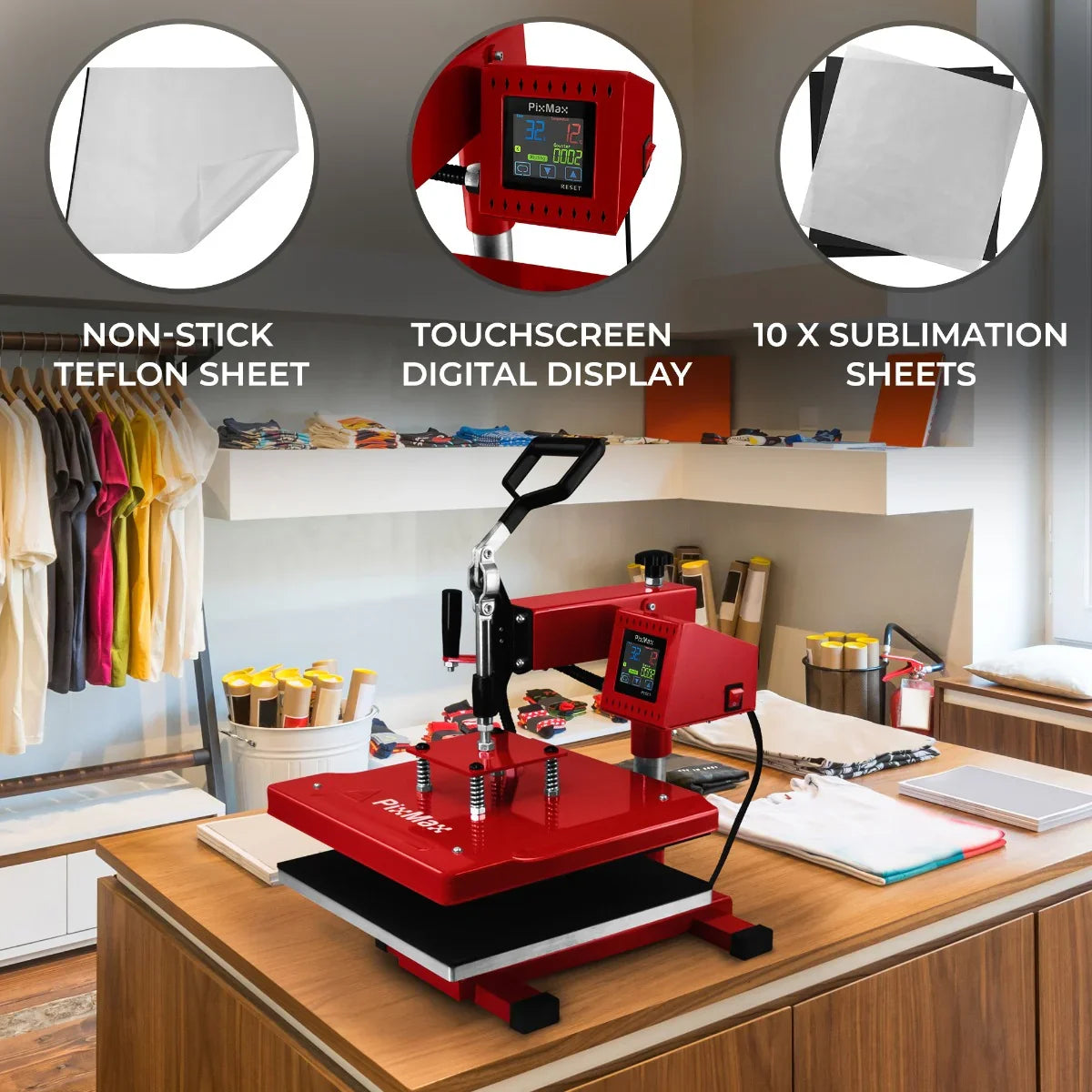 Swing heat press 38 x 38cm in red with touchscreen display, non-stick PTFE sheet, and ten sublimation paper sheets on a wooden table