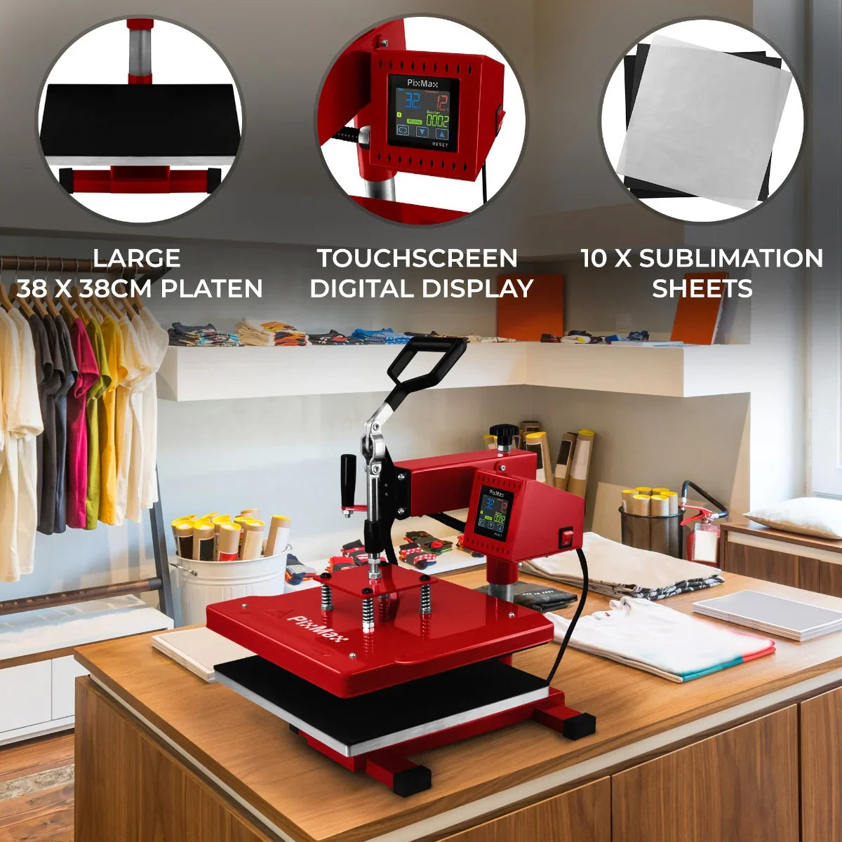Swing Heat Press 38 x 38cm with a vibrant red finish, touchscreen display, and 10 included sublimation sheets on a wooden table