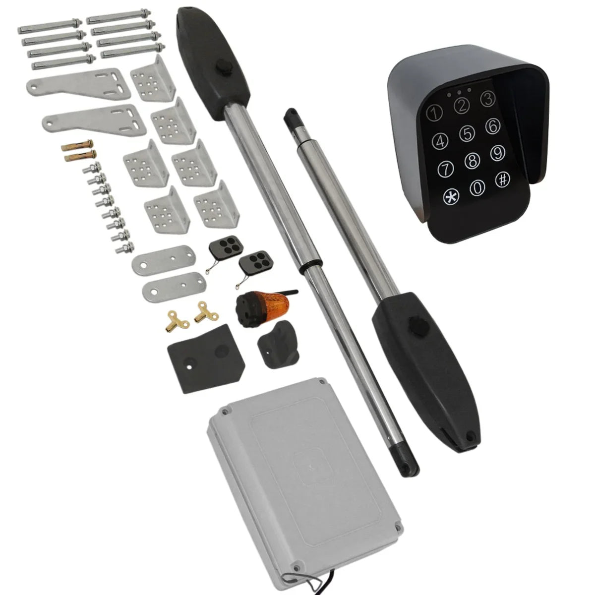 T-Mech swing gate opener kit with wireless keypad, featuring metal rods, mounting brackets, and various hardware for installation