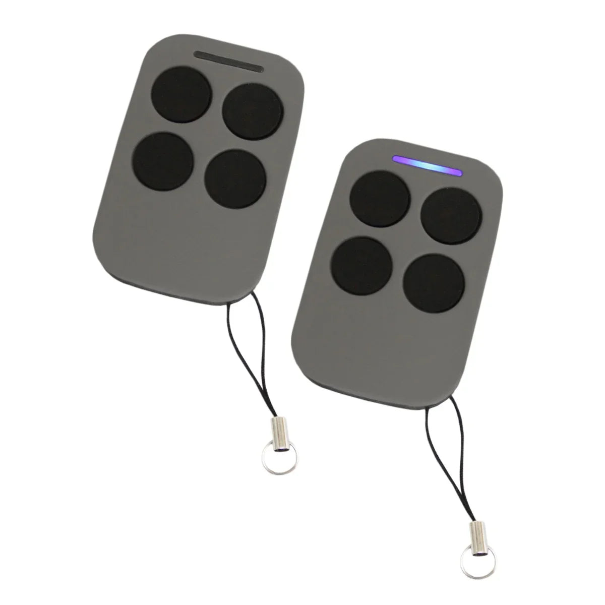 Gray wireless keypad with four black buttons and a blue indicator light, designed for T-Mech swing gate opener use