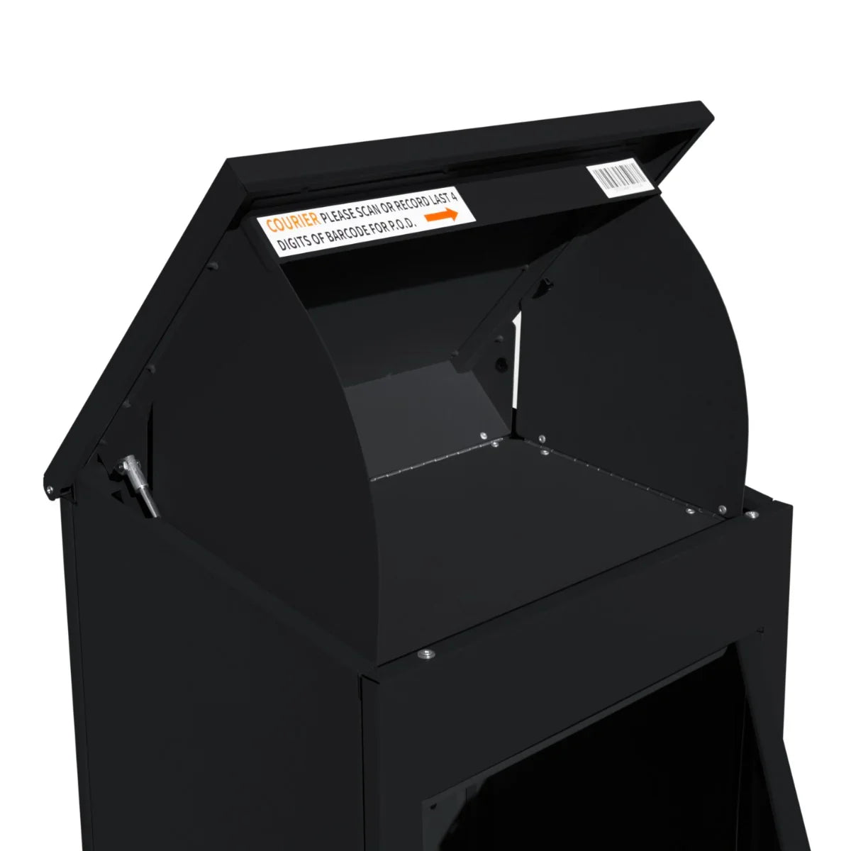 Black anti-theft parcel post box with a sloped lid, secure locking mechanism, and spacious interior for safe package delivery