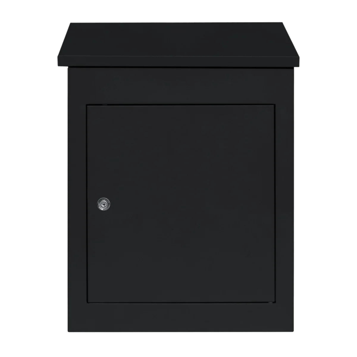 Black anti-theft parcel post box with a sleek design, secure locking door, and durable metal construction for outdoor use