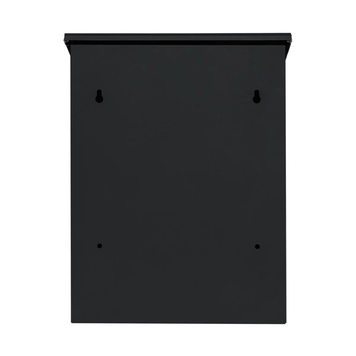 Sleek black anti-theft parcel post box with a smooth finish, designed for wall mounting, featuring secure locking mechanism and drainage holes