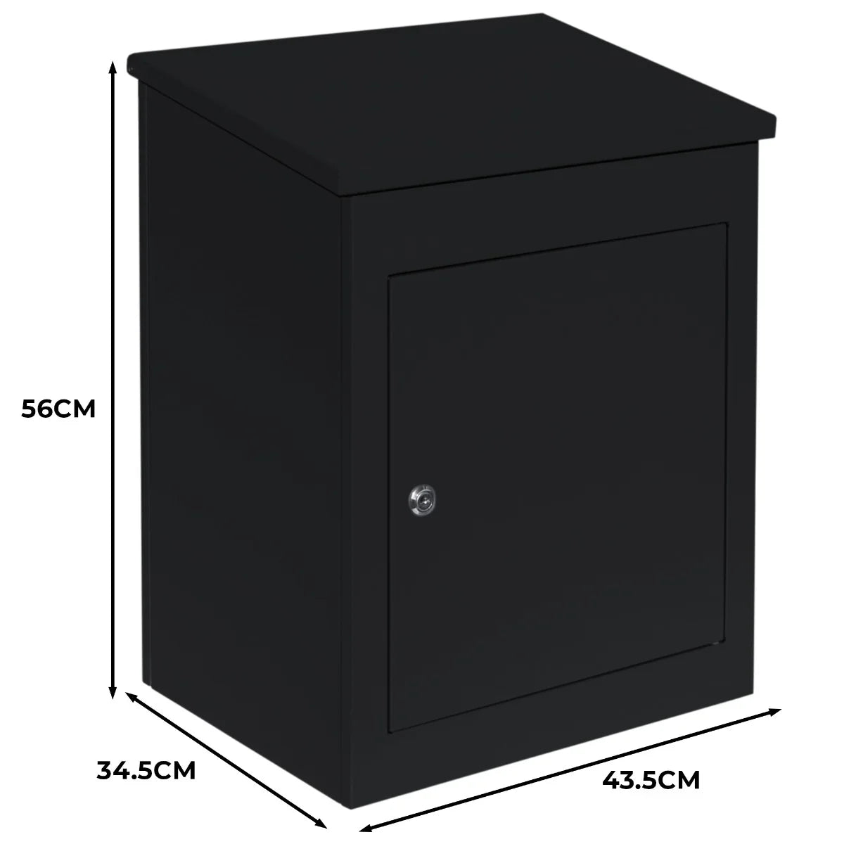 Black anti-theft parcel post box with a secure front door, sleek design, and dimensions of 56cm height, 43.5cm width, and 34.5cm depth