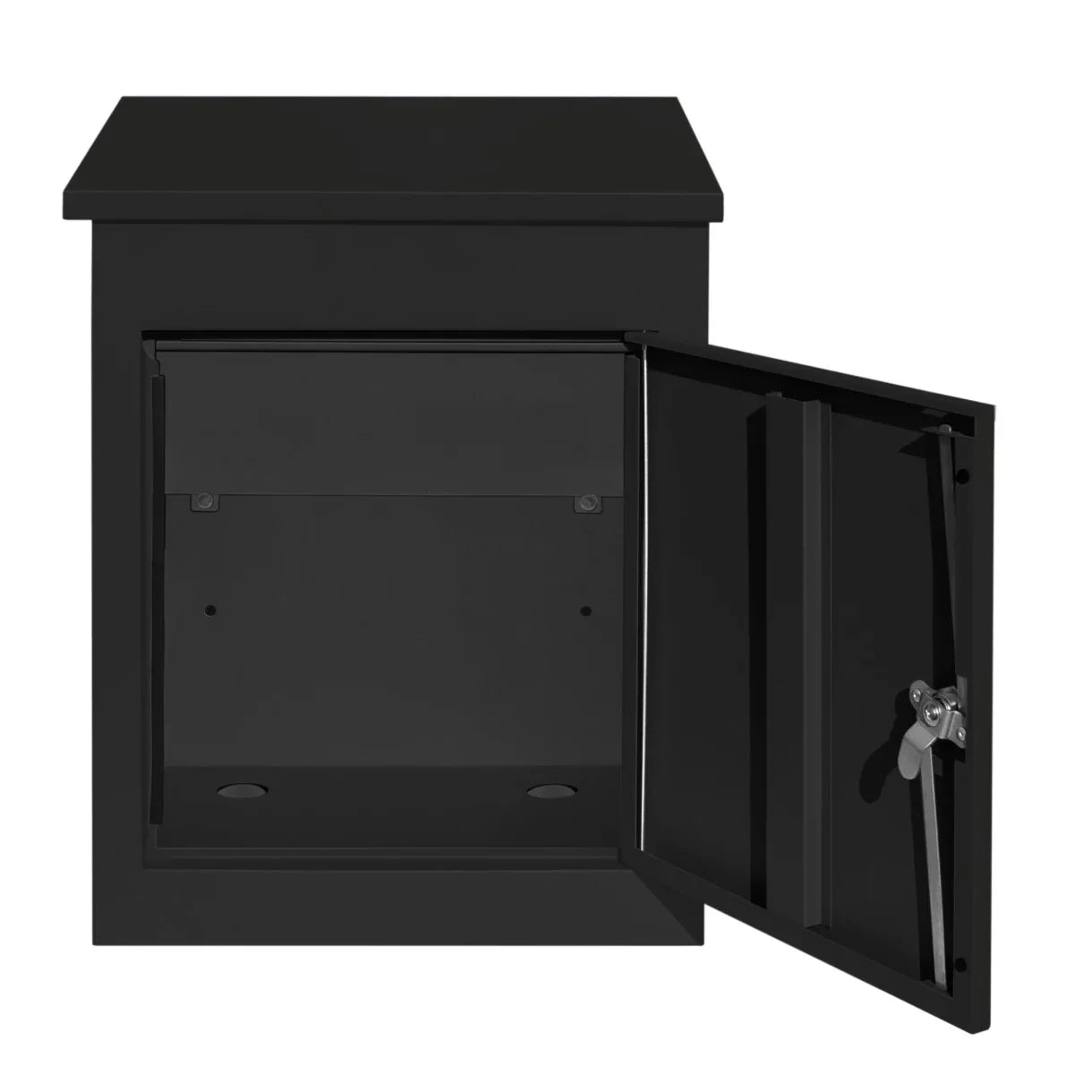 Black anti-theft parcel post box with a secure locking mechanism, spacious interior, and sleek, modern design for outdoor use