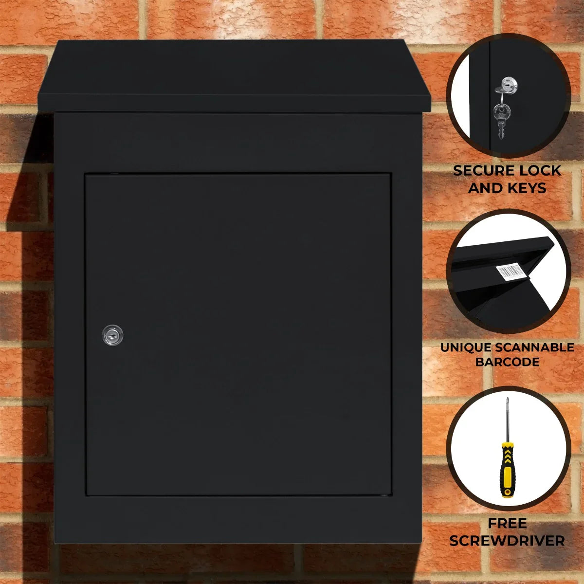Black anti-theft parcel post box with secure lock, keys, and unique scannable barcode, mounted against a brick wall