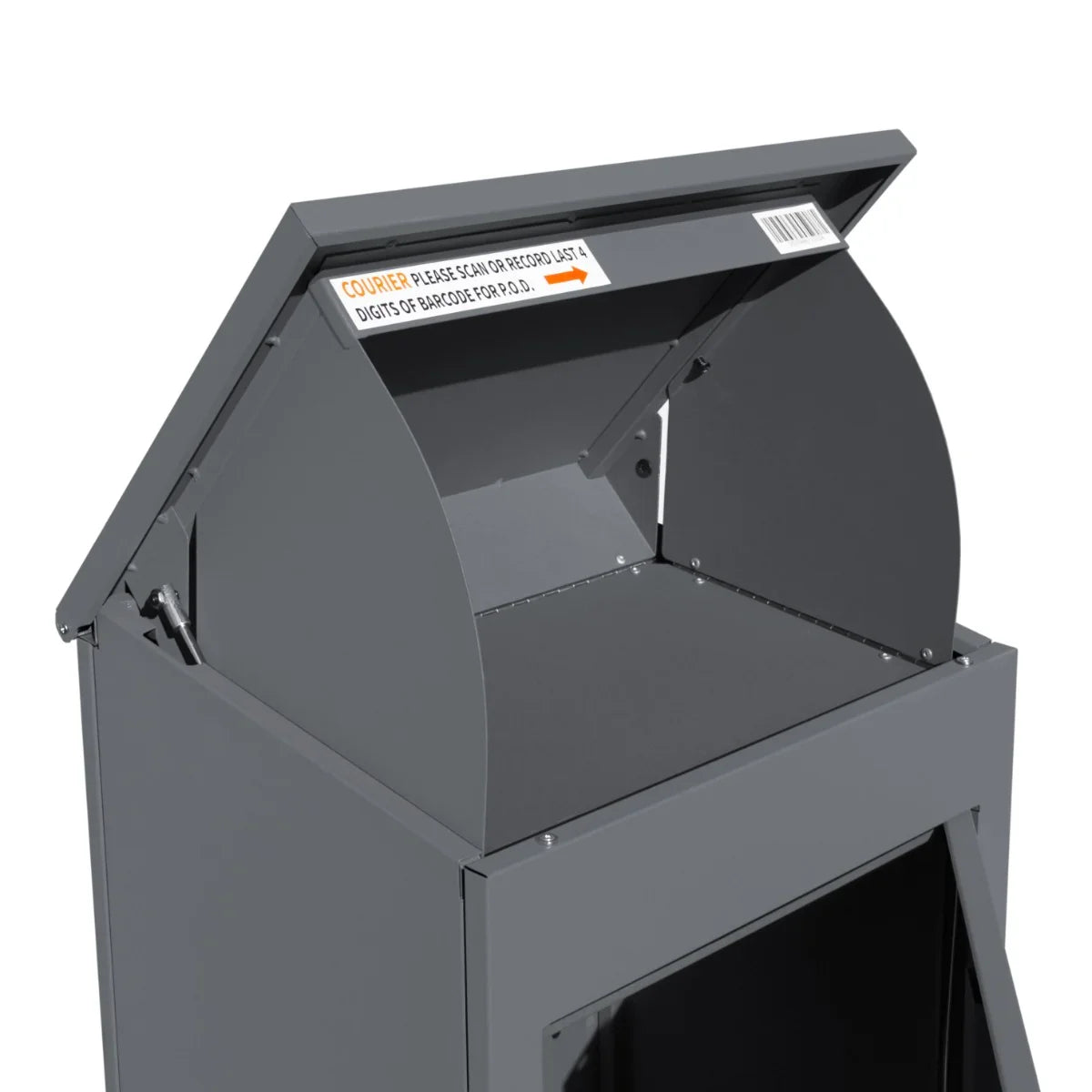 Grey anti-theft parcel post box with a curved top, secure slot for deliveries, and sturdy metal construction for durability