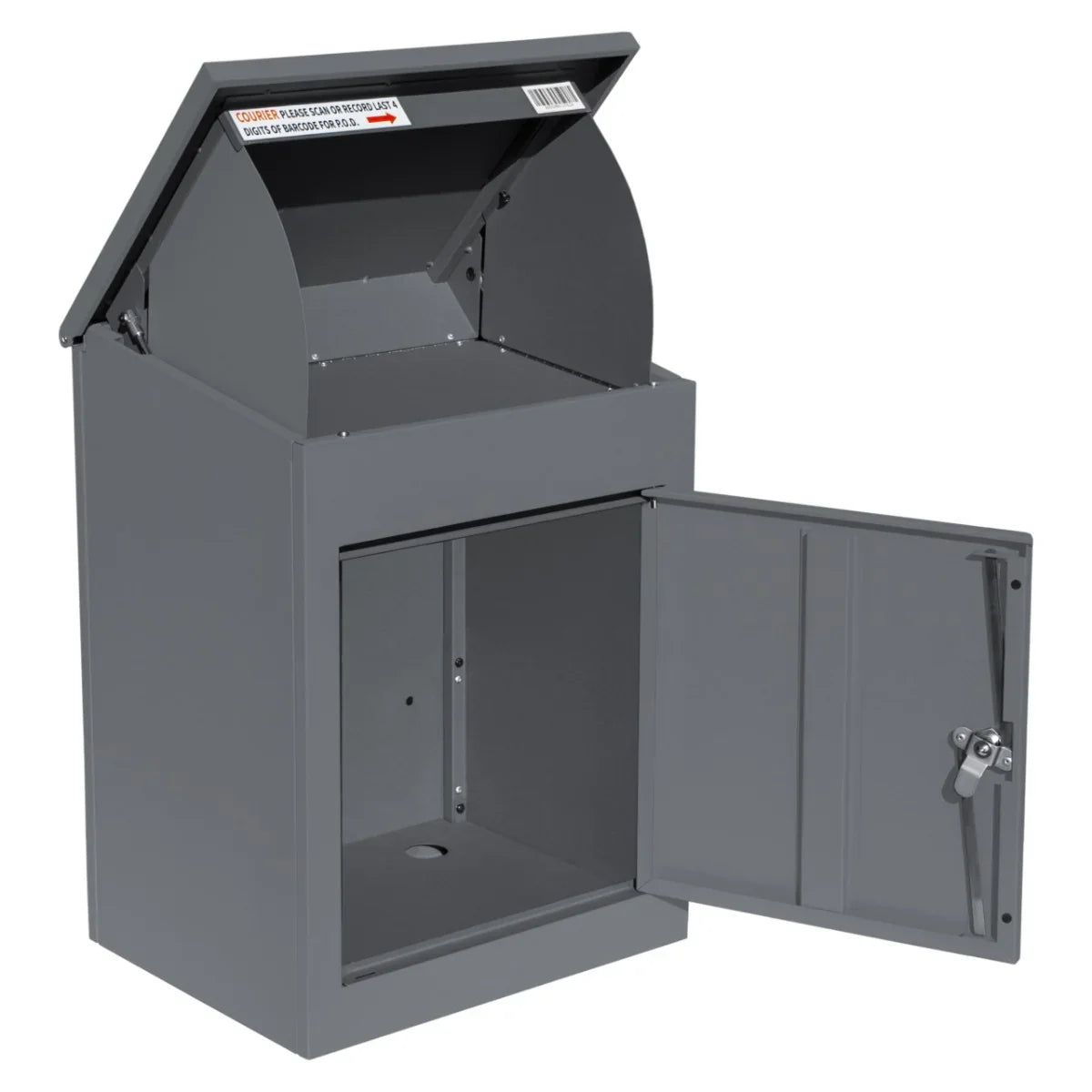 Grey anti-theft parcel post box with a sloped roof, secure locking door, and spacious interior for safe package delivery