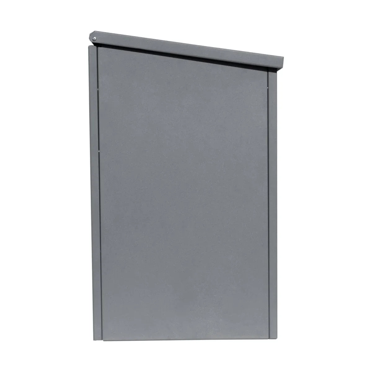 Grey anti-theft parcel post box with a sleek design, durable metal construction, and a slanted top for rain protection