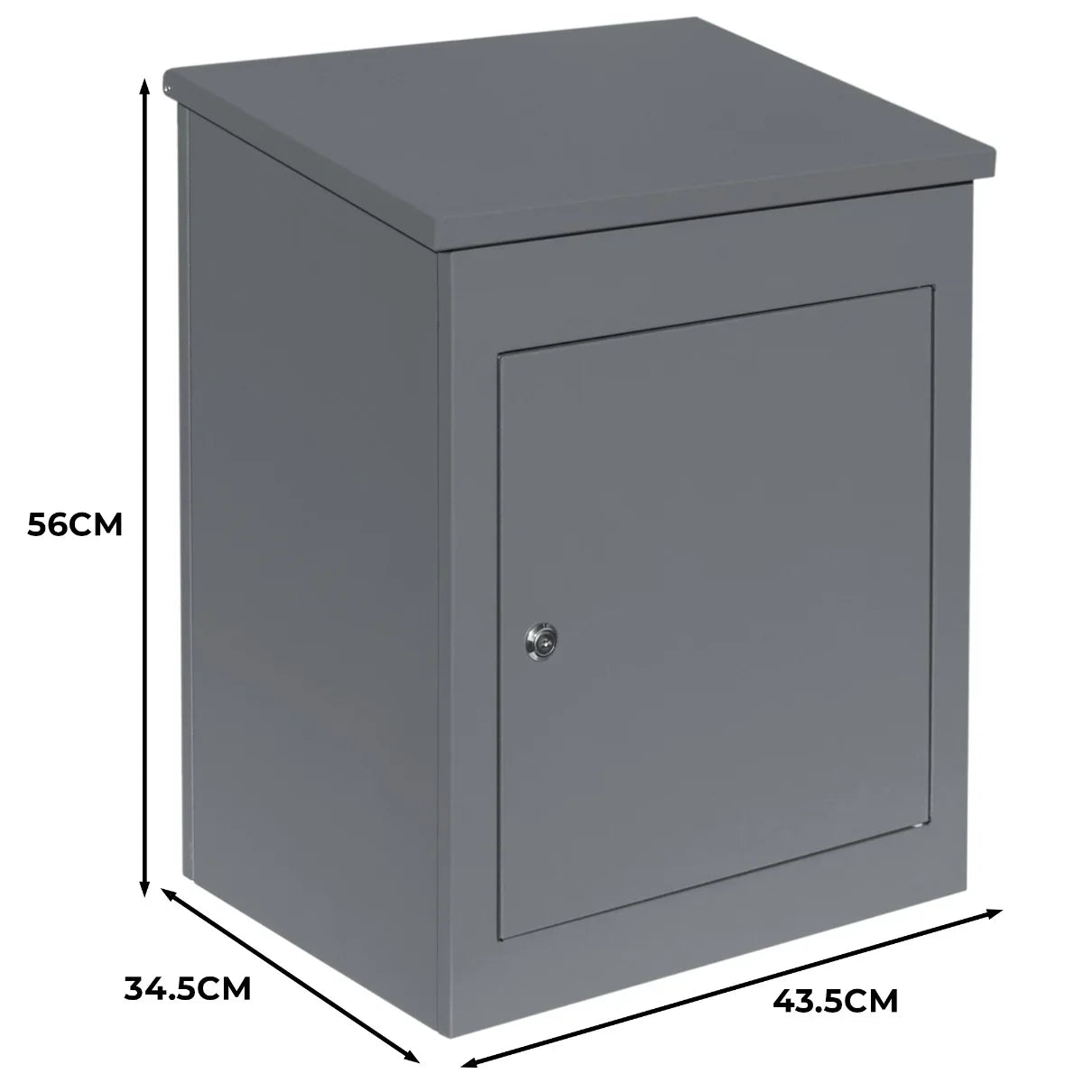 Grey anti-theft parcel post box with a sleek design, featuring a secure front door and dimensions of 56cm height and 43.5cm width