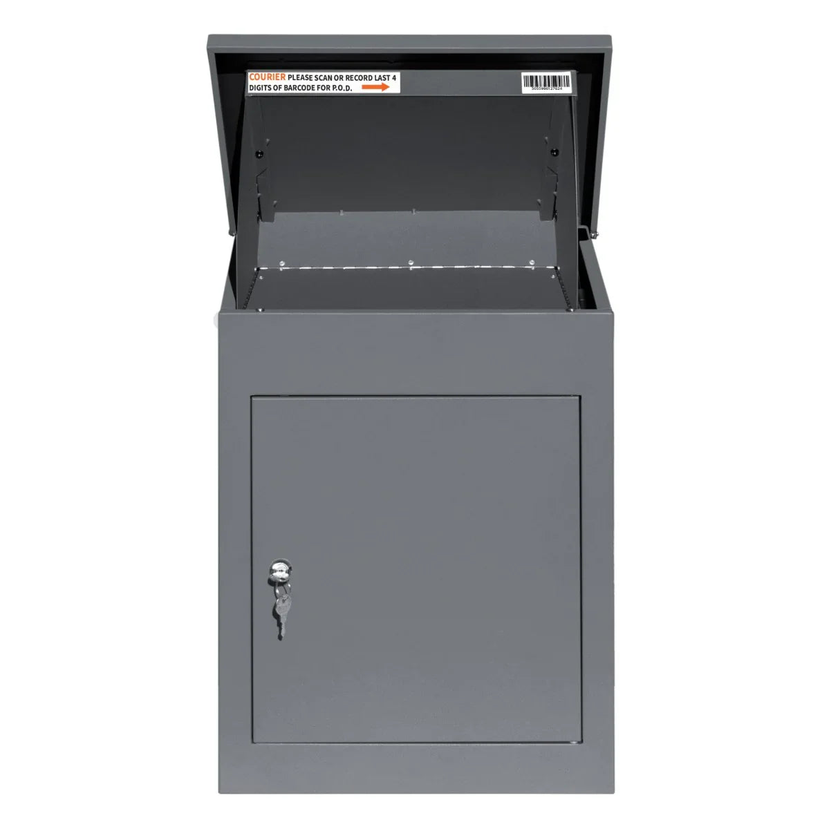 Grey anti-theft parcel post box with a secure lock, spacious interior, and a hinged lid for easy access to deliveries