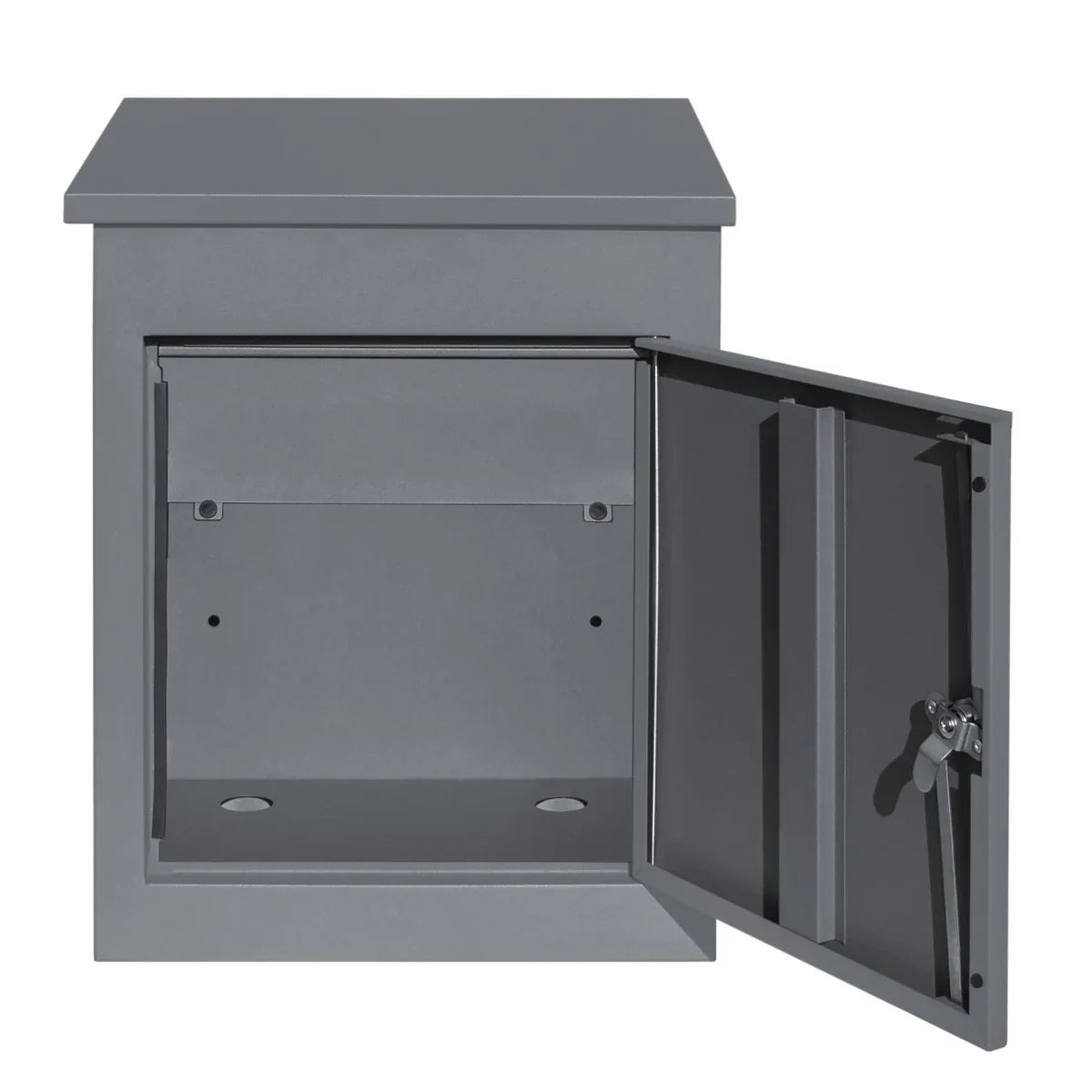 Grey anti-theft parcel post box with a secure locking mechanism, sturdy metal construction, and an open front for easy access