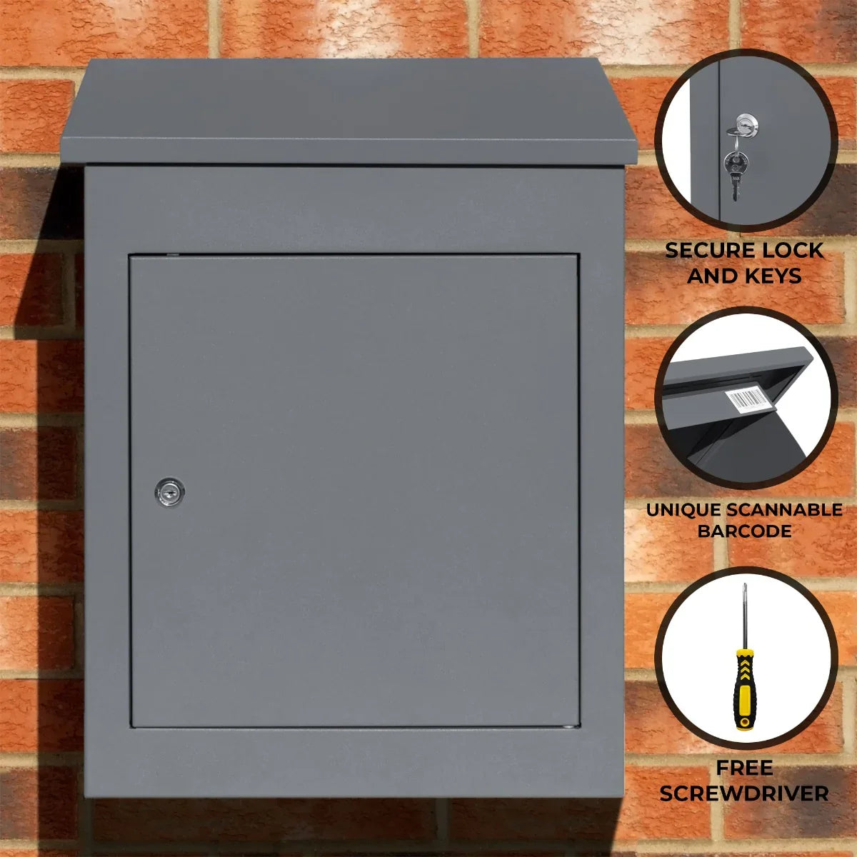 Grey anti-theft parcel post box featuring a secure lock, scannable barcode, and a sleek design, ideal for safe package delivery