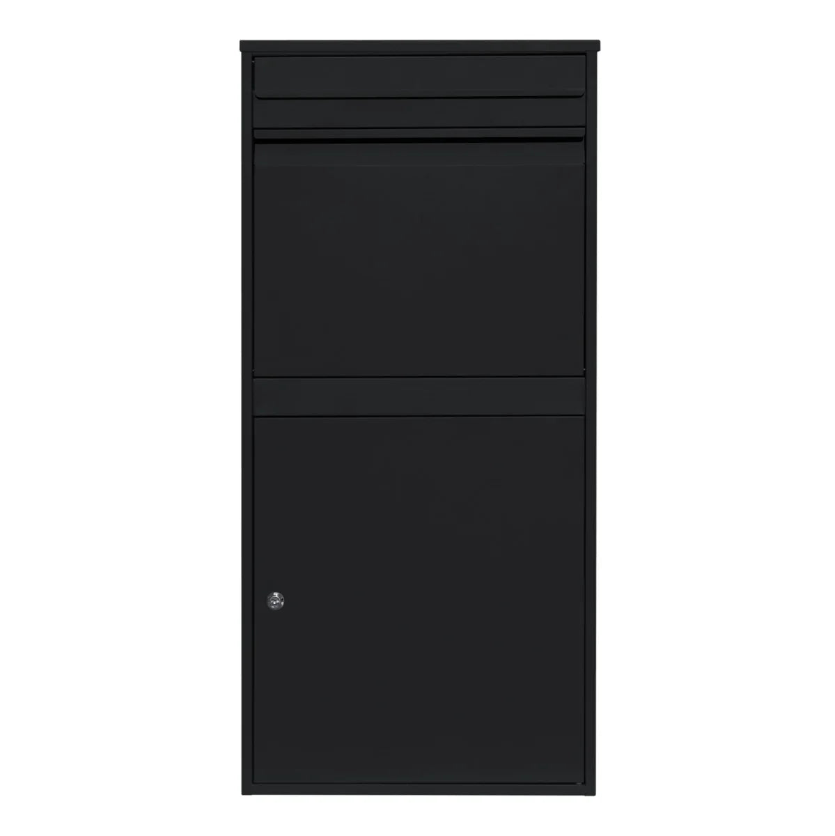 Black anti-theft parcel post box XL with a sleek design, featuring a secure lock, top slot for mail, and durable metal construction