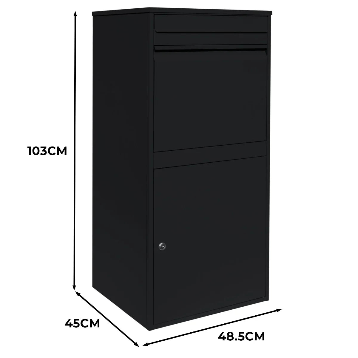 Black anti-theft parcel post box XL with secure drop slot, spacious lower compartment, and sleek, modern design for outdoor use