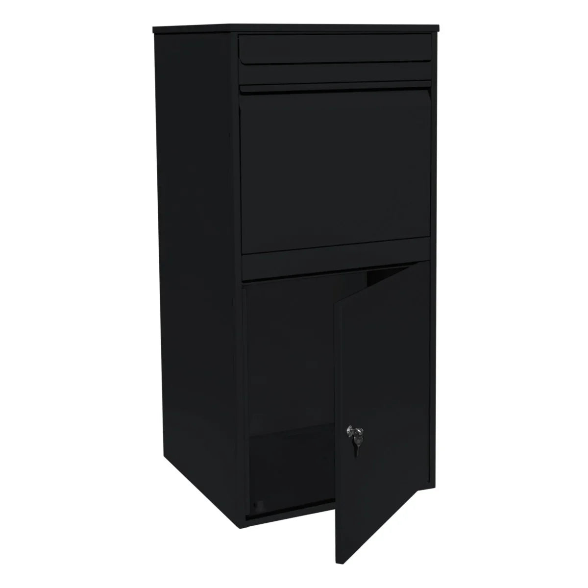 Black anti-theft parcel post box XL with a sleek design, featuring a top slot for mail and a secure lower door with a key lock