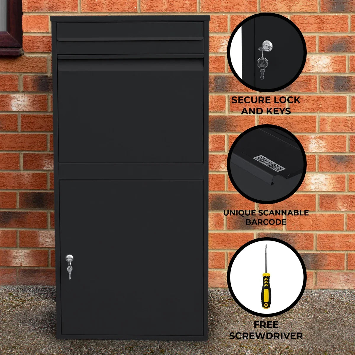 Black XL anti-theft parcel post box with secure lock, keys, scannable barcode, and free screwdriver, set against a brick wall