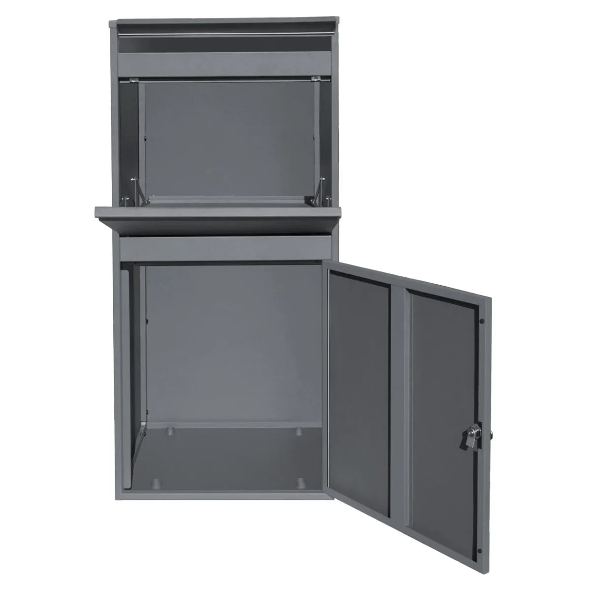 Grey anti-theft parcel post box XL with a secure locking door, spacious interior, and durable metal construction for outdoor use