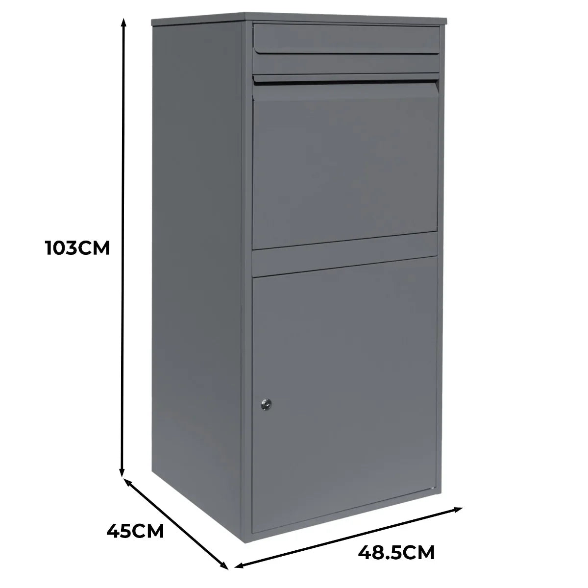 Grey anti-theft parcel post box XL with a sleek design, featuring a top slot and secure lower compartment for deliveries