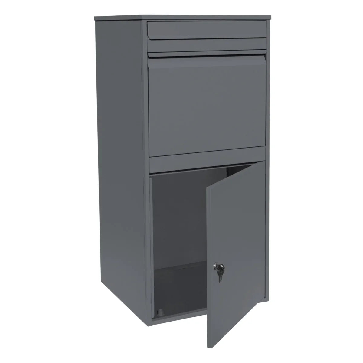 Grey anti-theft parcel post box XL with a sleek design, featuring a top slot, secure door, and durable metal construction