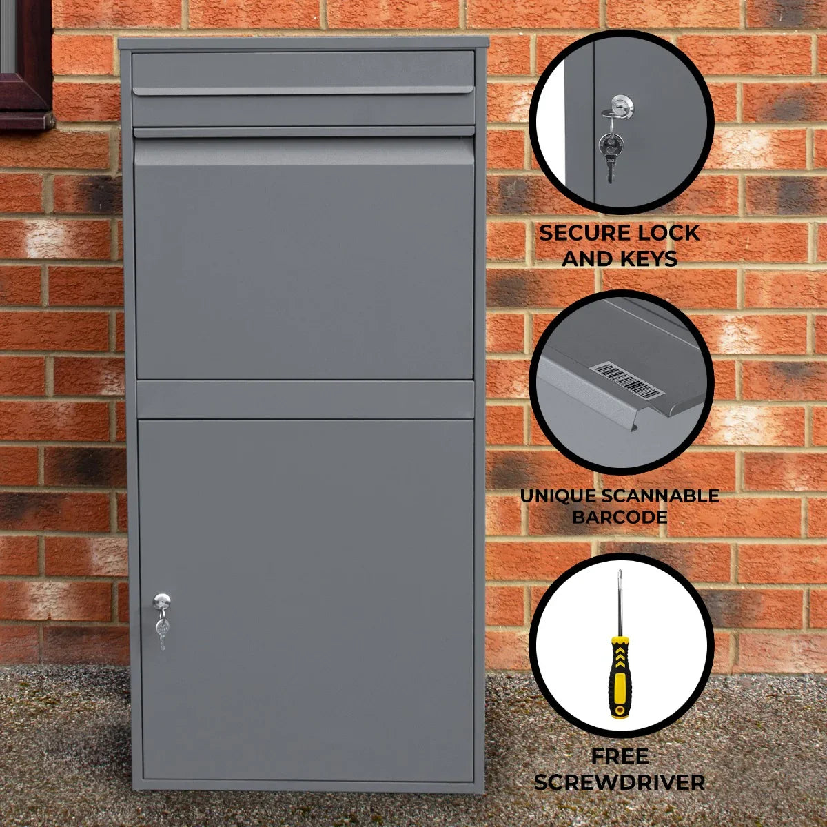 Grey anti-theft parcel post box XL with secure lock, scannable barcode, and free screwdriver, set against a brick wall