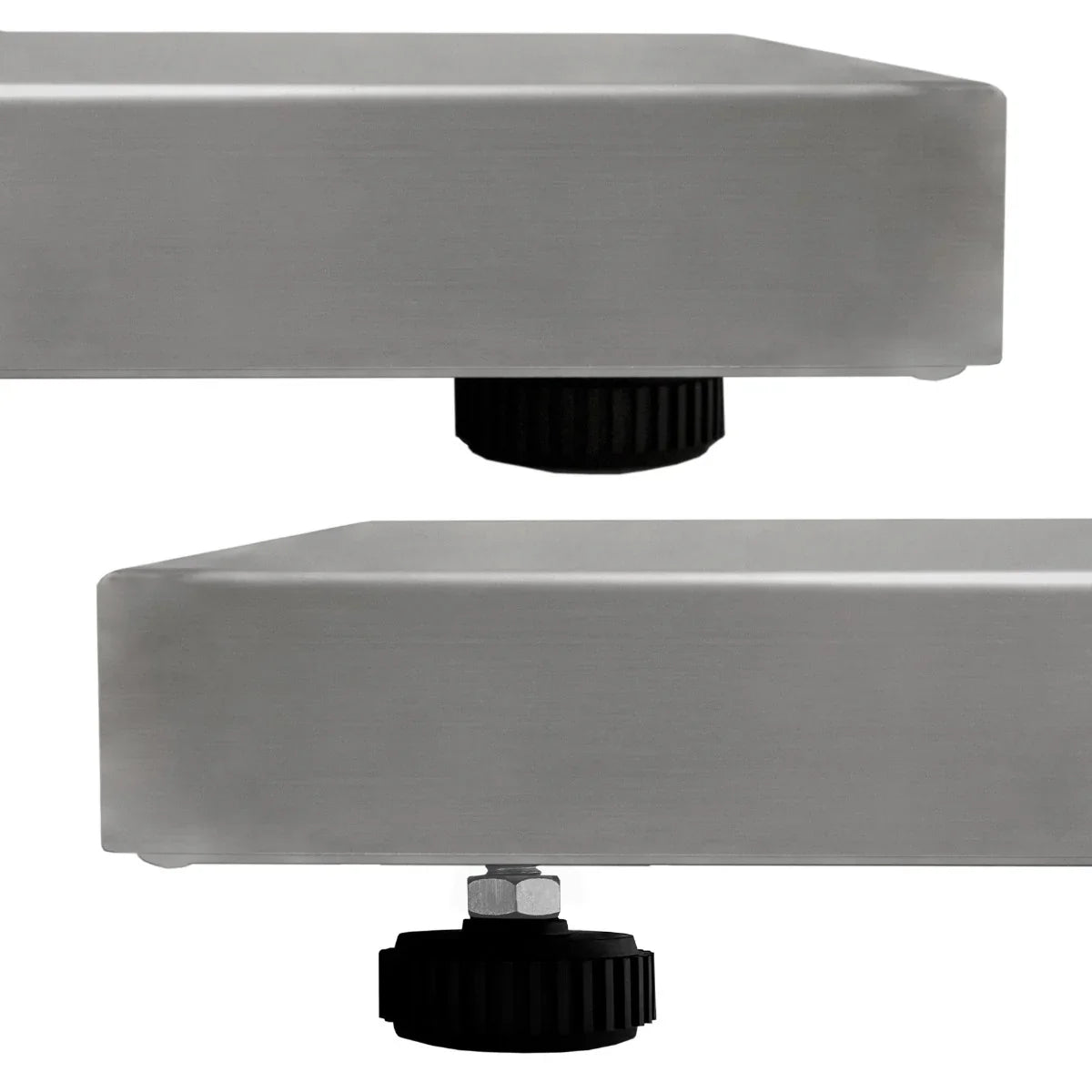 Stainless steel vet scales with adjustable feet, showcasing a sleek, durable design ideal for precise weight measurements in veterinary settings