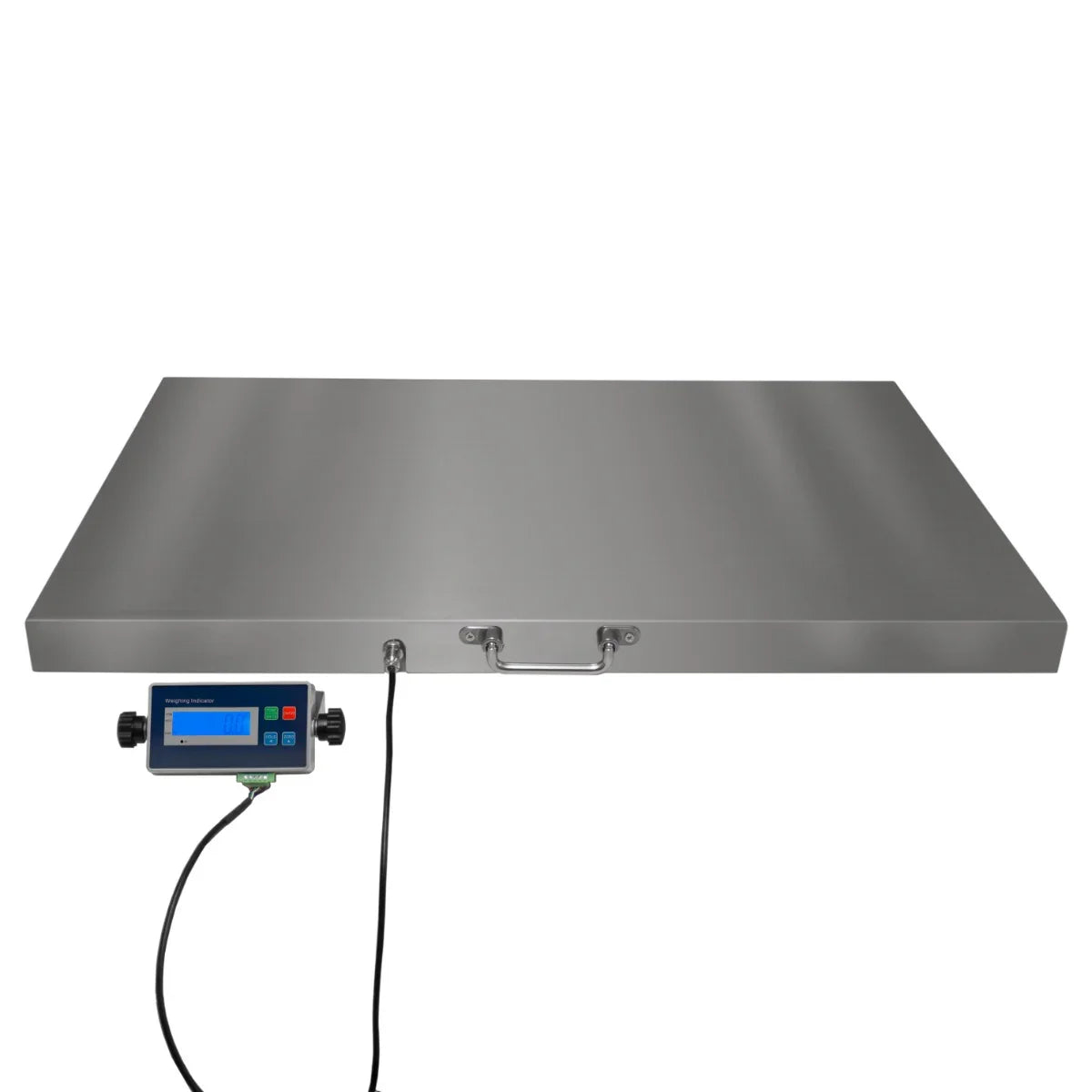 Stainless steel vet scales measuring 60cm x 90cm with a digital display, featuring a smooth, flat surface and sturdy handle