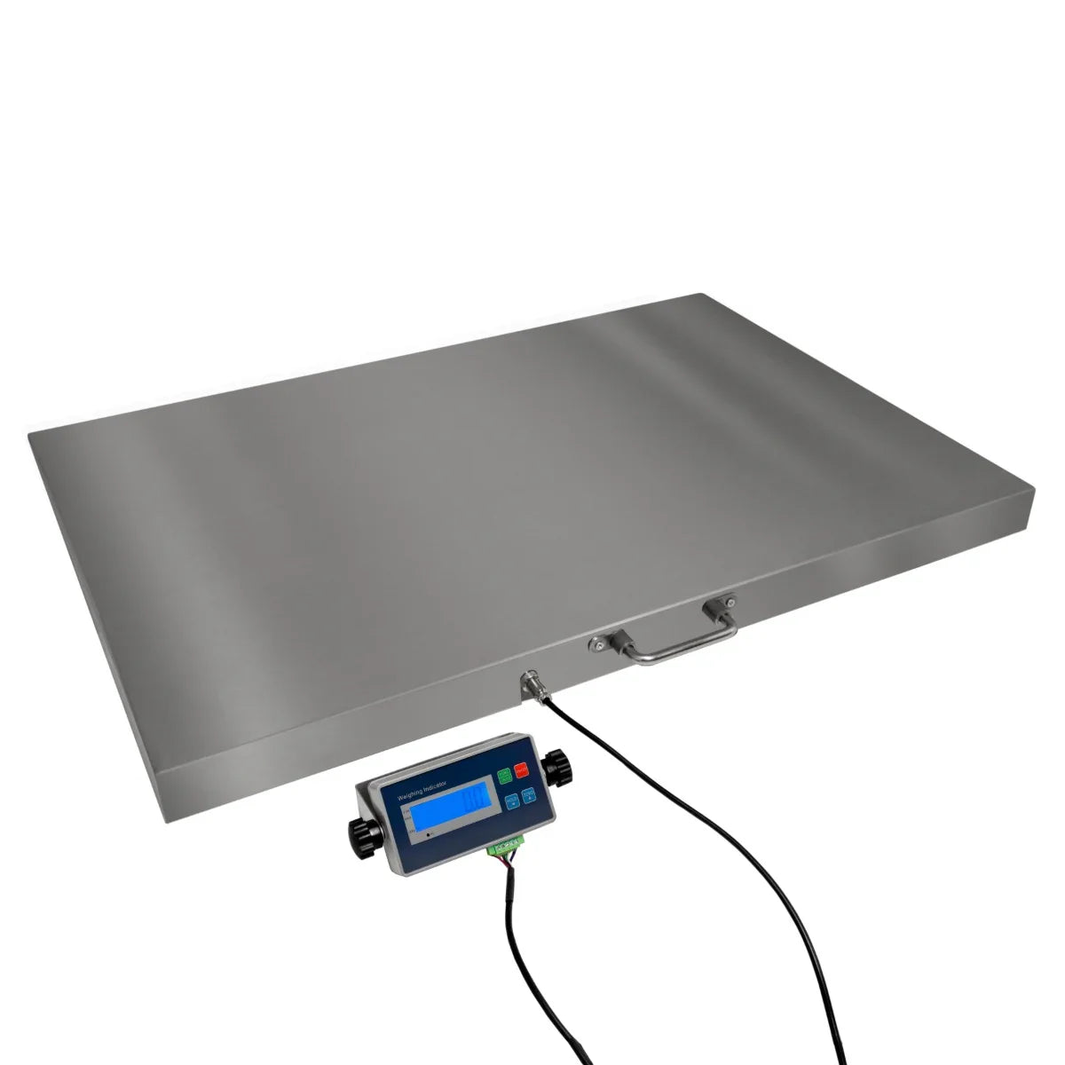 Stainless steel vet scales measuring 60cm x 90cm with a digital display and control panel for accurate weight measurements